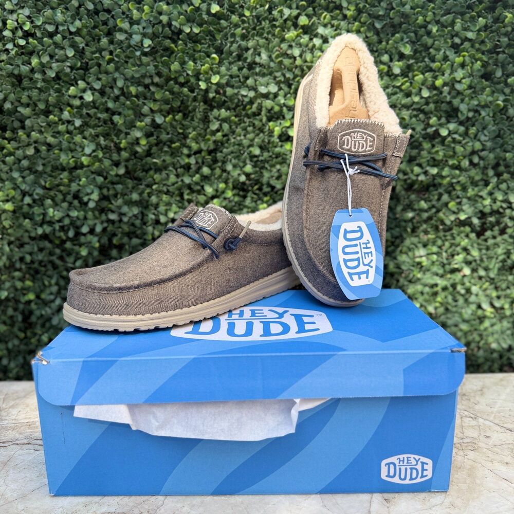 Hey DUDE Men’s Size 10 Wally Herringbone Choco Shoes FAUX FUR LINNING